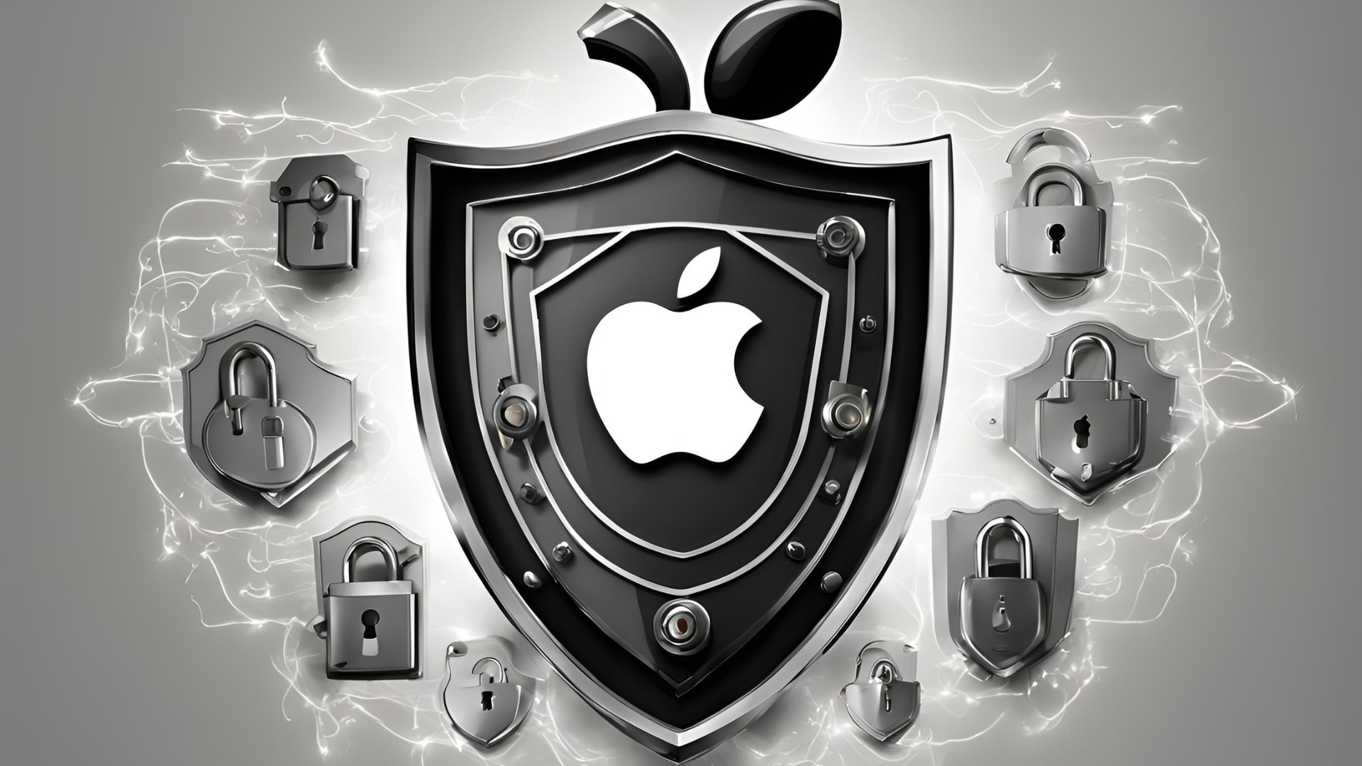 A stylized Apple logo is displayed on a black and silver shield surrounded by various padlocks, symbolizing data security and protection