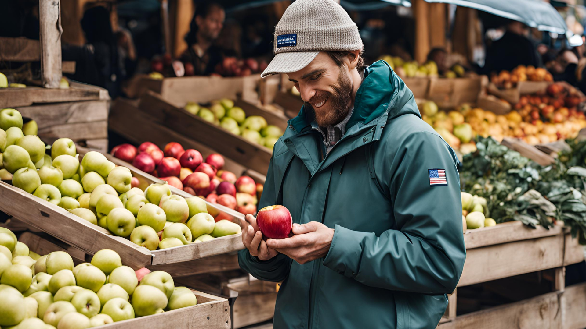 A man wearing a green jacket and a knit cap is smiling as he examines a red apple at a market stall filled with various types of apples and other produce.